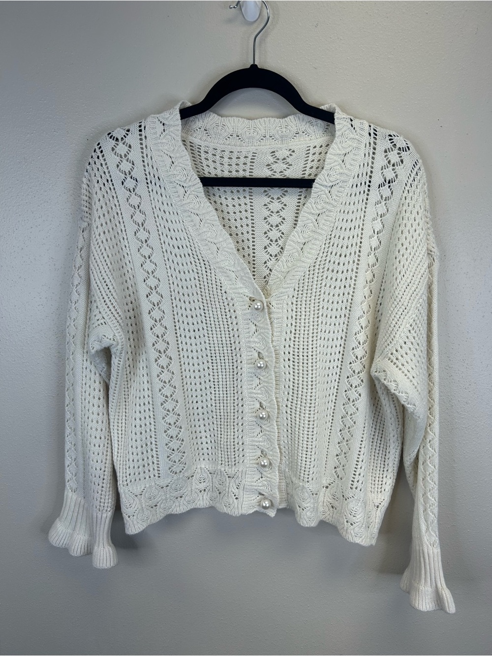 Cottagecore Feminine Size L Open Knit V-Neck Cardigan Sweater Pearl Buttons Boho - Picture 3 of 10